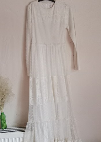 Uzun Kollu Beyaz Bohem Uzun Elbise - Görsel 3