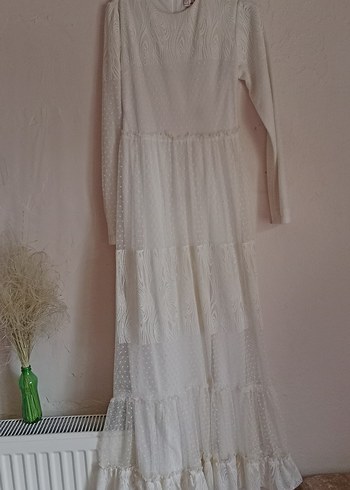 Uzun Kollu Beyaz Bohem Uzun Elbise - Görsel 4