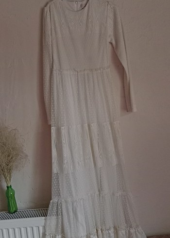 Uzun Kollu Beyaz Bohem Uzun Elbise - Görsel 5