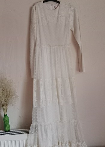 Uzun Kollu Beyaz Bohem Uzun Elbise - Görsel 2