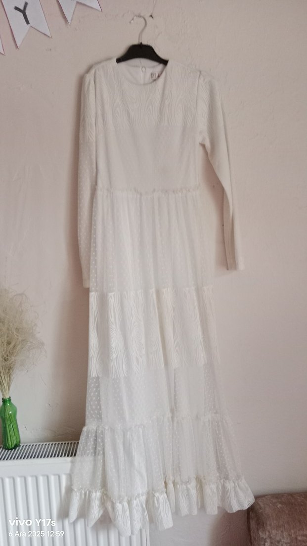 Uzun Kollu Beyaz Bohem Uzun Elbise - Görsel 3