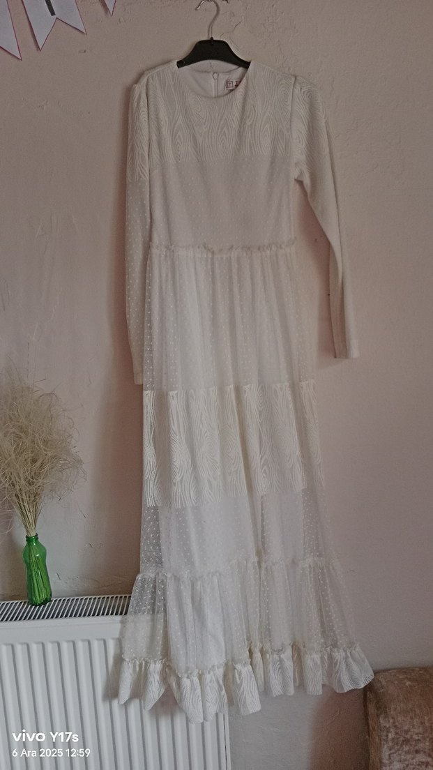 Uzun Kollu Beyaz Bohem Uzun Elbise - Görsel 4