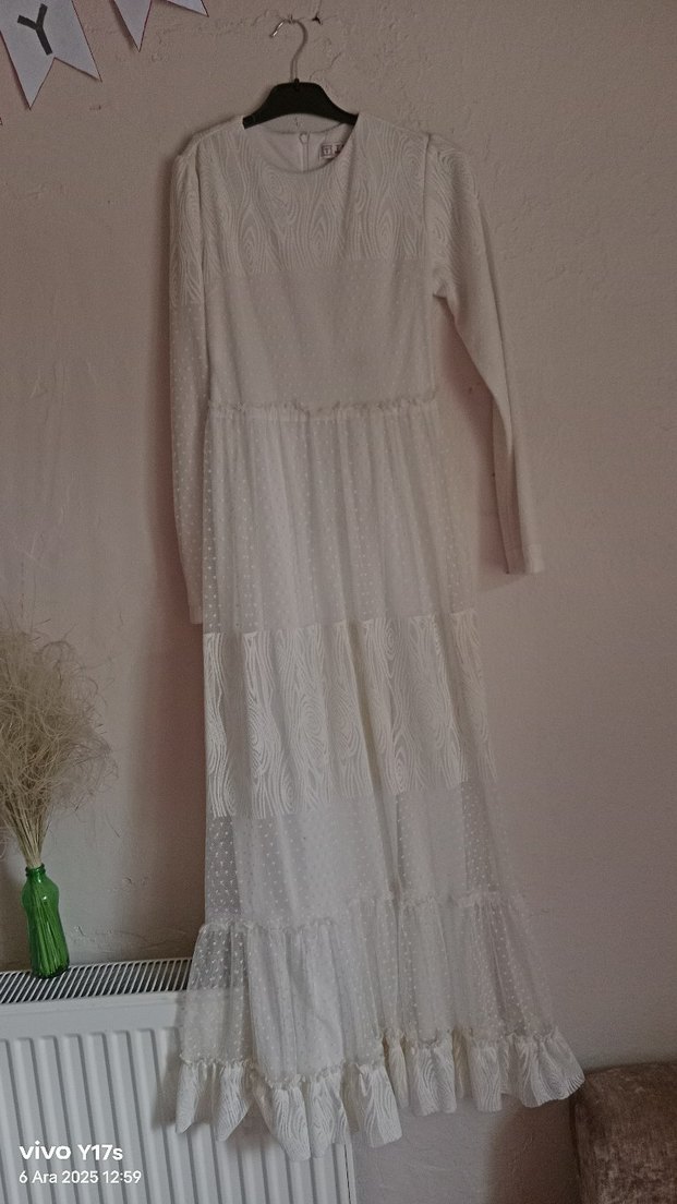 Uzun Kollu Beyaz Bohem Uzun Elbise - Görsel 5