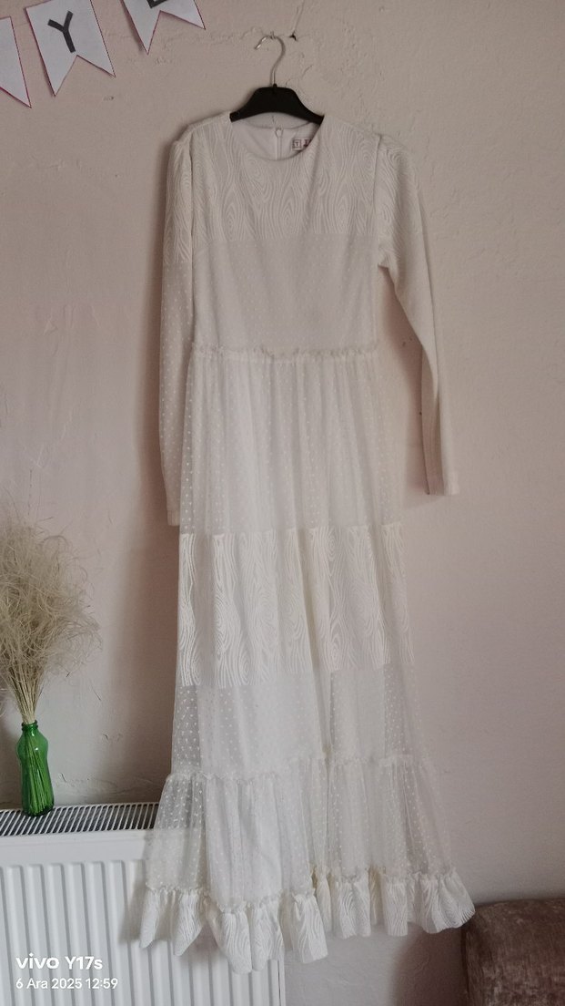 Uzun Kollu Beyaz Bohem Uzun Elbise - Görsel 2