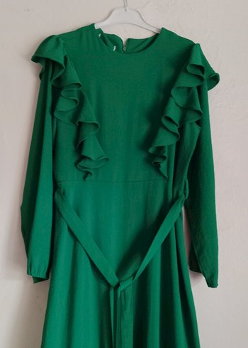 Uzun Kollu Yeşil Fırfırlı Uzun Elbise - Görsel 6