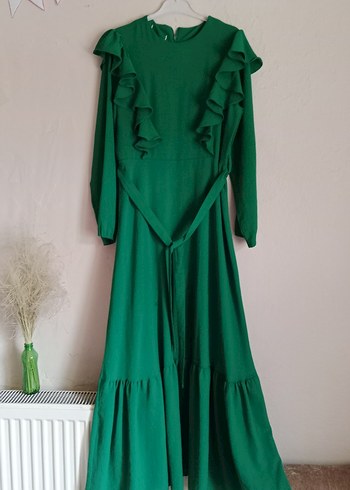 Uzun Kollu Yeşil Fırfırlı Uzun Elbise - Görsel 5