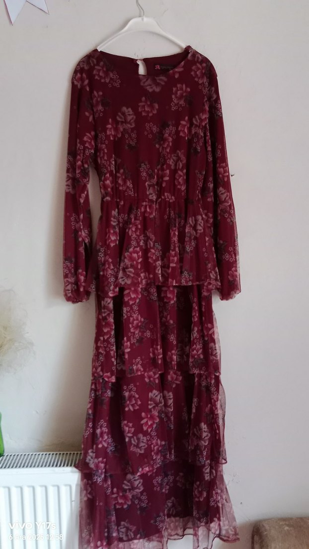 Bordo Uzun Kollu Bohem Uzun Elbise - Görsel 3