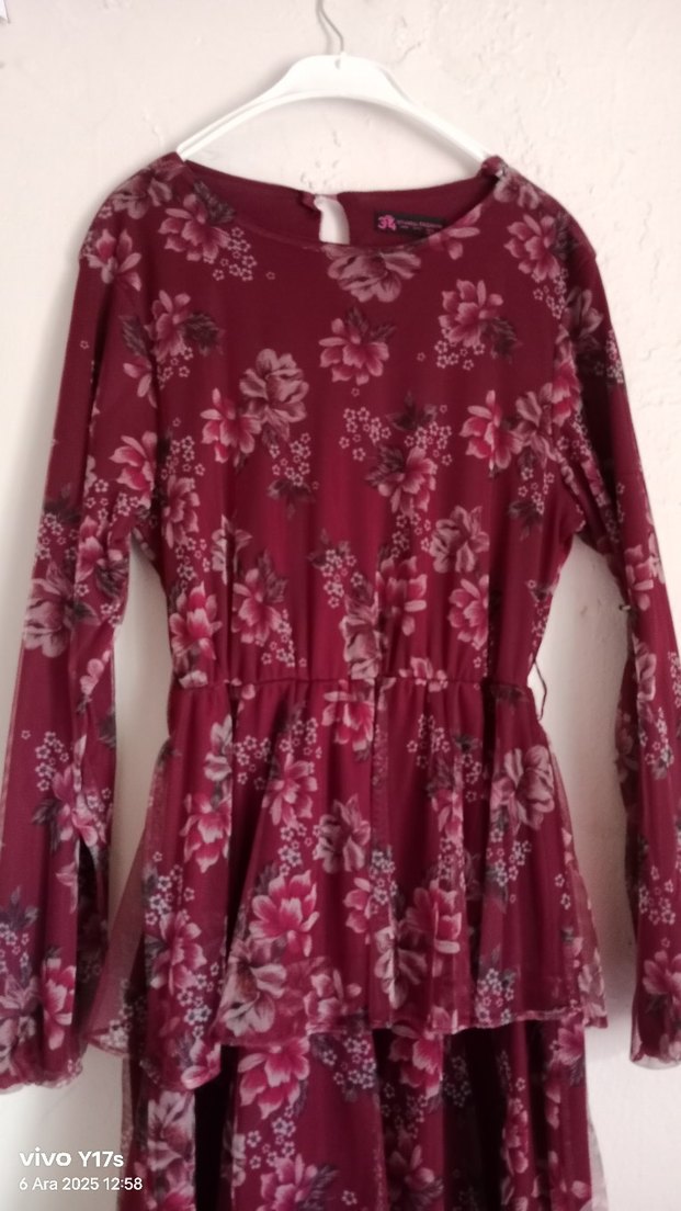 Bordo Uzun Kollu Bohem Uzun Elbise - Görsel 2