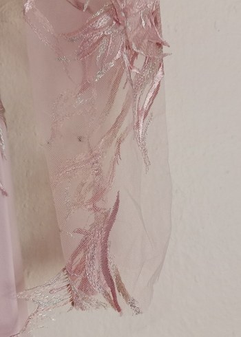 Pembe Nakışlı Uzun Kollu Uzun Abiye Elbise - Görsel 5