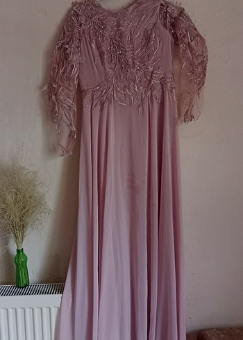 Pembe Nakışlı Uzun Kollu Uzun Abiye Elbise - Görsel 2