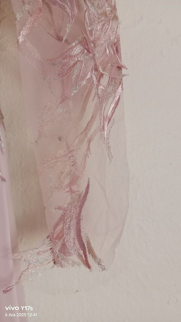 Pembe Nakışlı Uzun Kollu Uzun Abiye Elbise - Görsel 5