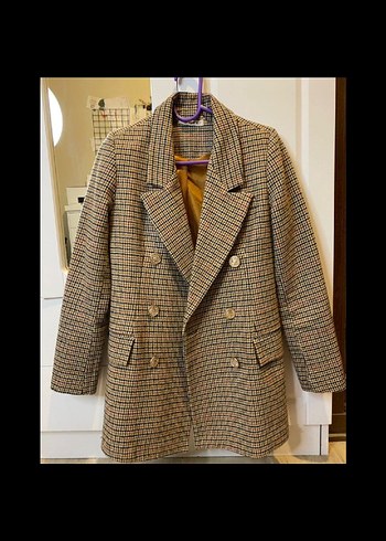 Kahverengi Ekose Düğmeli Midi Kadın Blazer