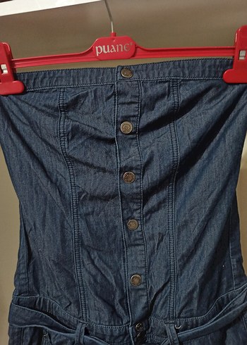 Düğmeli Straplez Mini Kot Tulum - Görsel 8