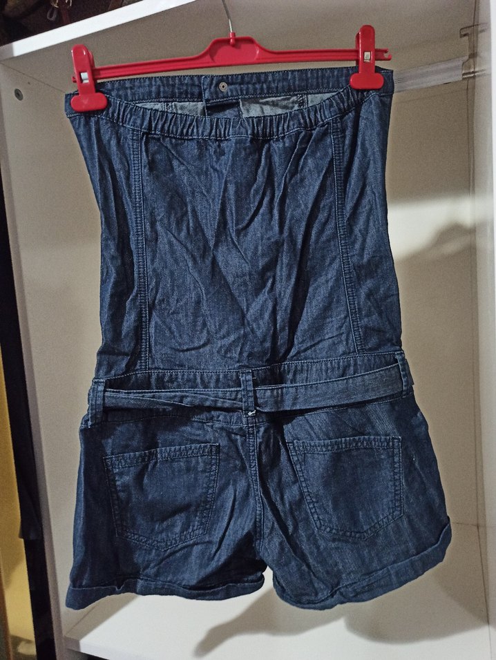 Düğmeli Straplez Mini Kot Tulum - Görsel 3