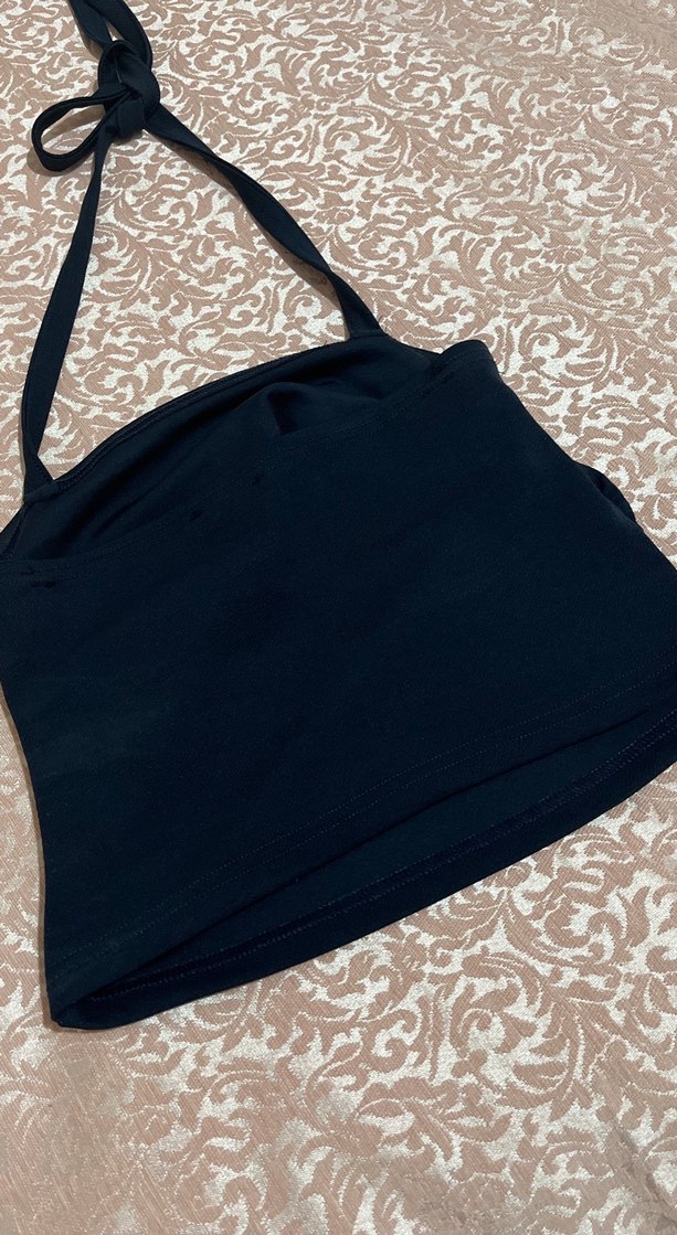 Detaylı Siyah yanları büzgülü boyundan bağlamalı Straplez - Görsel 3