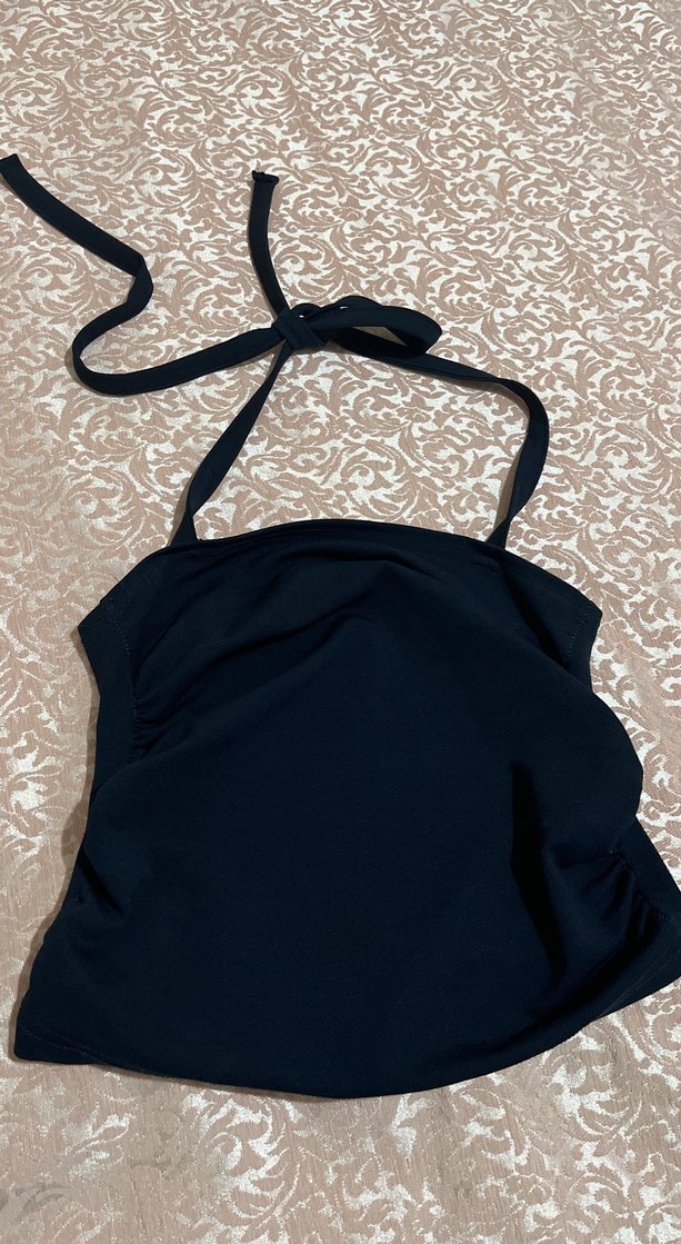 Detaylı Siyah yanları büzgülü boyundan bağlamalı Straplez - Görsel 2