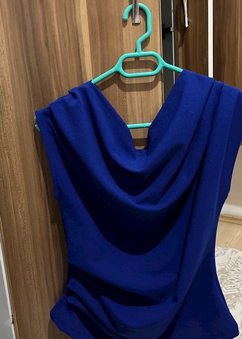 Drapeli kayık Yakalı Mavi Kadın Bluz - Görsel 2