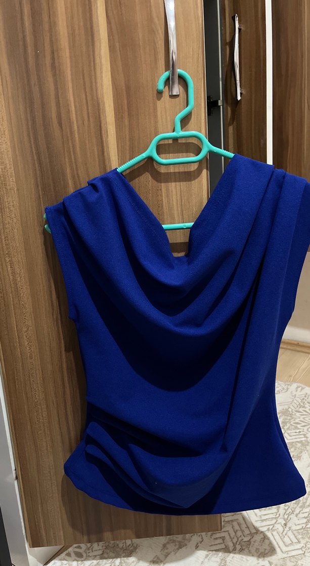 Drapeli kayık Yakalı Mavi Kadın Bluz - Görsel 2