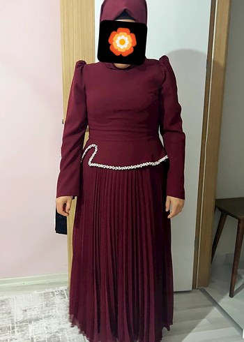 Bordo Piliseli Uzun Kollu Abiye Elbise