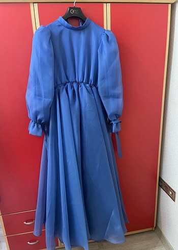 Uzun Kollu, Yüksek Yakalı Mavi Bohem Elbise - Görsel 3