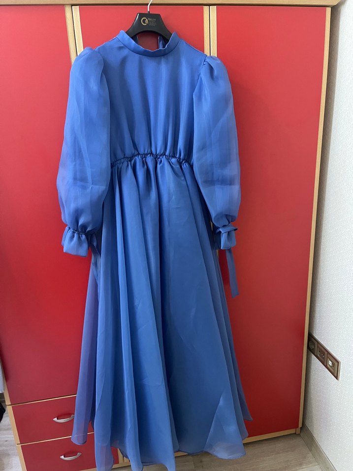 Uzun Kollu Mavi Bohem Tesettür Abiye - Görsel 3