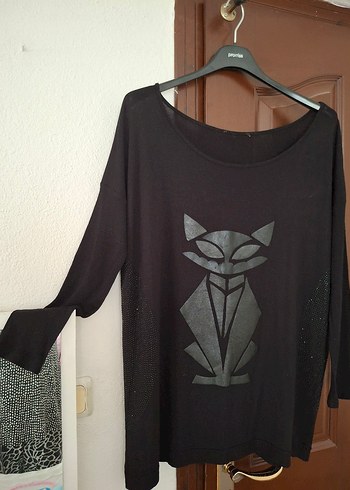 Siyah Örgü Kedi Desenli Goth Kazak