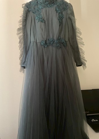 38 Beden yeşil Renk Uzun Kollu Nakışlı Gri Vintage Elbise