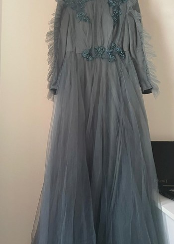 Abiye Uzun Kollu Nakışlı Gri Vintage Elbise