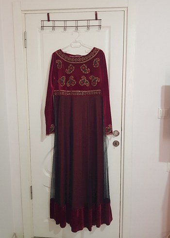 Bordo Nakışlı Uzun Kollu Bohem Elbise