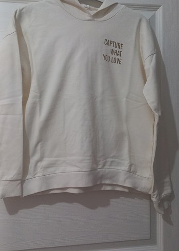 krem rengi  Kapüşonlu Kadın Sweatshirt - Görsel 2
