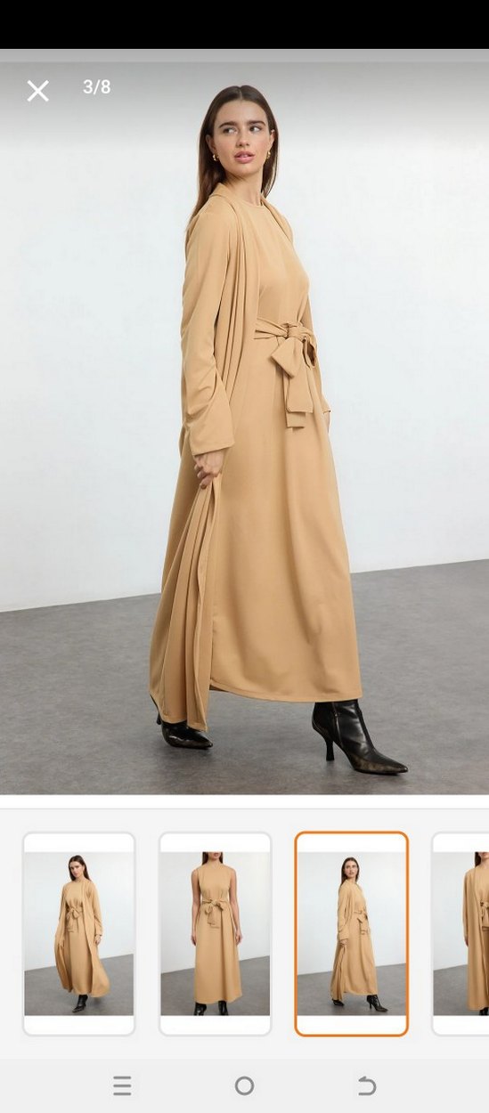 Bej Uzun Kollu Kadın Uzun Elbise - Görsel 2