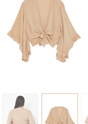 V Yaka Kemerli Bej Kadın Bluz - Görsel 2