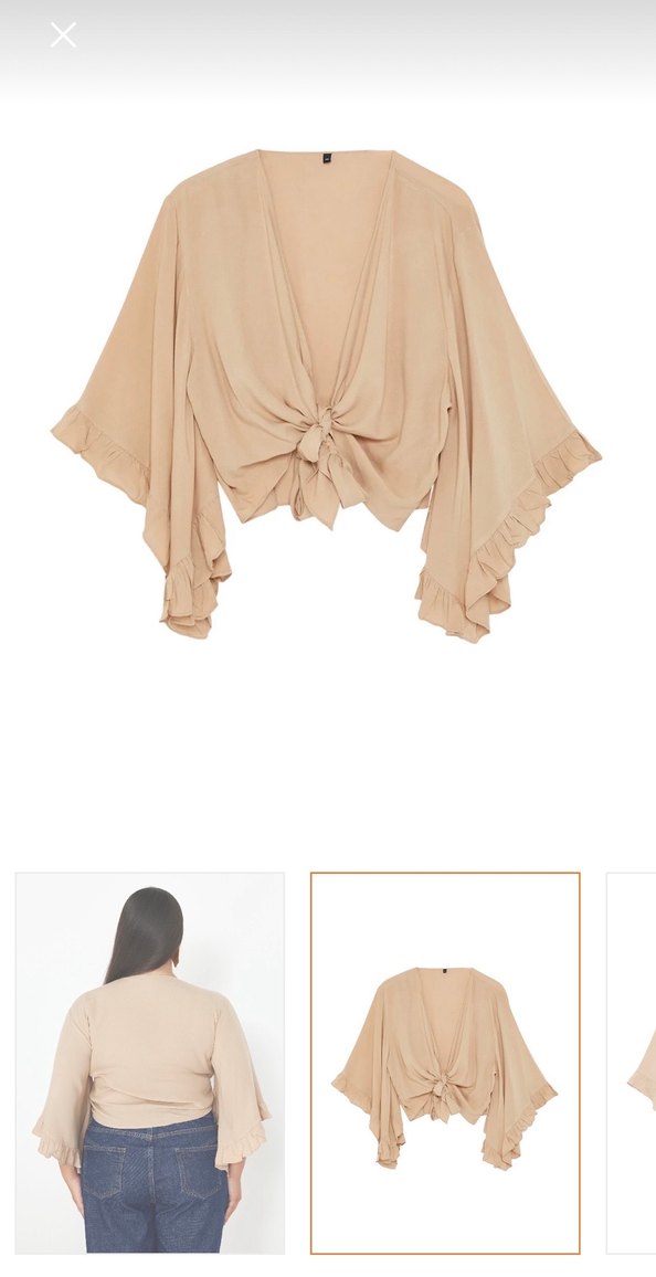 V Yaka Kemerli Bej Kadın Bluz - Görsel 2