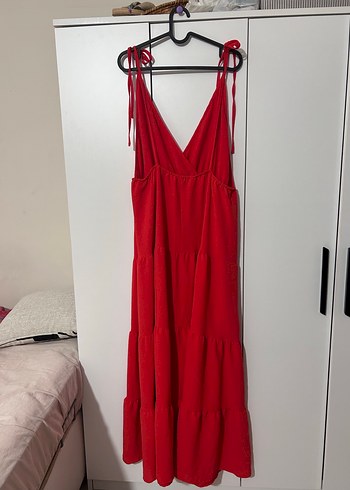 Kırmızı V Yaka Uzun Askılı Elbise - Görsel 2