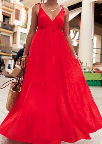 Kırmızı V Yaka Uzun Askılı Elbise - Görsel 3