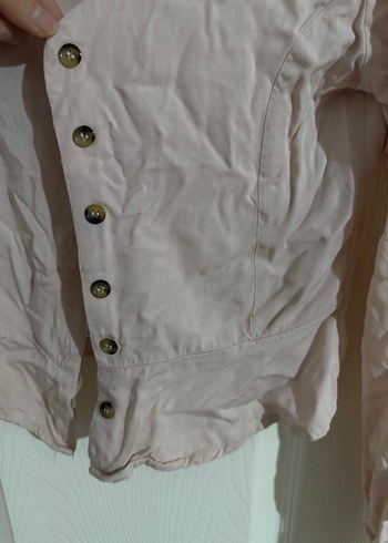 Bej Düğmeli V Yaka Kadın Keten Gömlek - Görsel 3