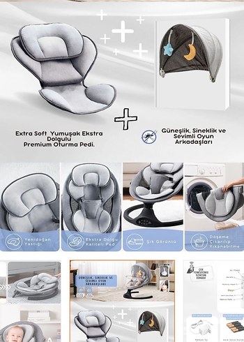 Kiwi Eggy Plus Otomatik Sallanan Bebek Koltuğu Gri - Görsel 10