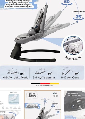 Kiwi Eggy Plus Otomatik Sallanan Bebek Koltuğu Gri - Görsel 7