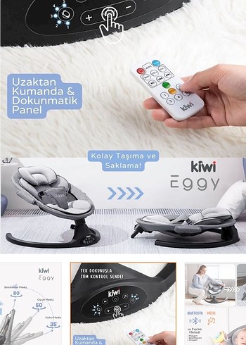 Kiwi Eggy Plus Otomatik Sallanan Bebek Koltuğu Gri - Görsel 11