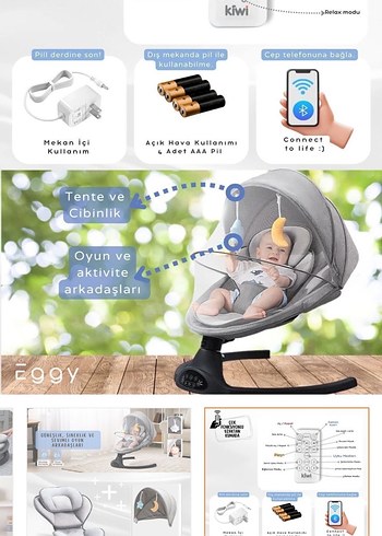 Kiwi Eggy Plus Otomatik Sallanan Bebek Koltuğu Gri - Görsel 12