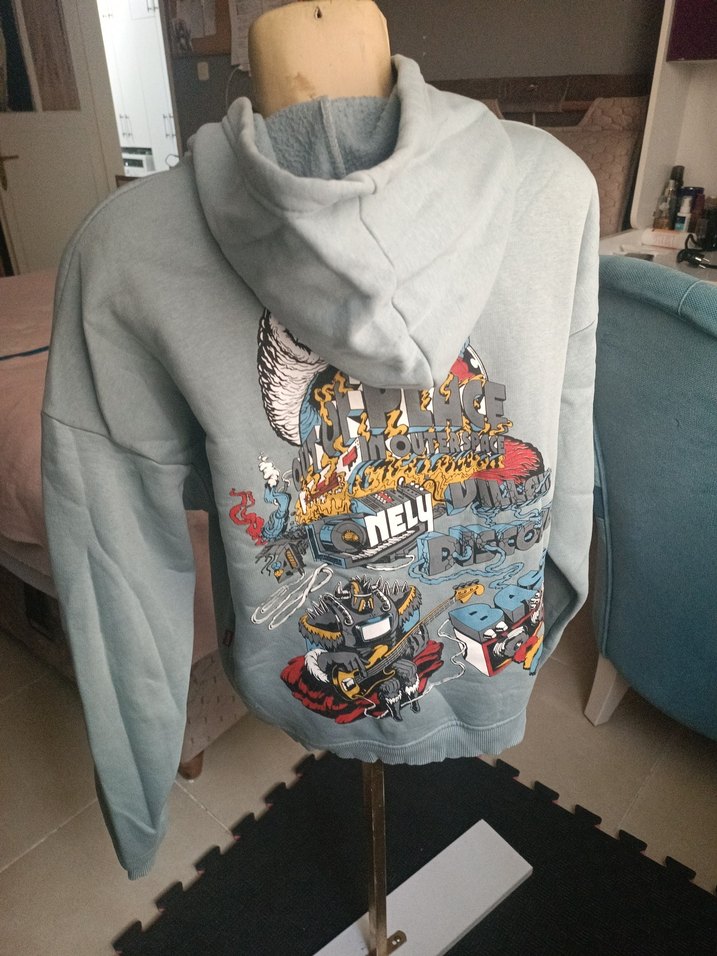 Gri Baskılı Kapüşonlu Sweatshirt - Görsel 2