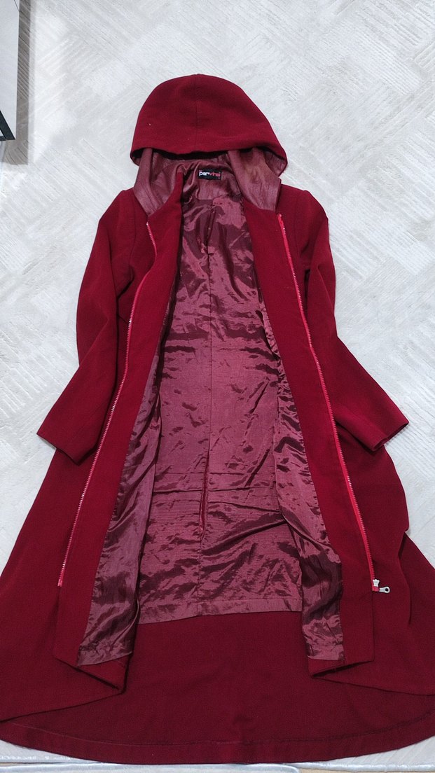 Bordo Kapüşonlu Uzun Kabanı - Görsel 5