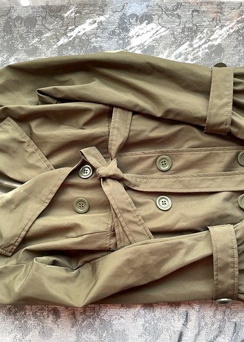 Düğmeli Midi Askeri Yeşil Keten Trençkot - Görsel 8