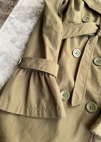 Düğmeli Midi Askeri Yeşil Keten Trençkot - Görsel 2