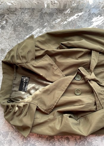 Düğmeli Midi Askeri Yeşil Keten Trençkot - Görsel 9