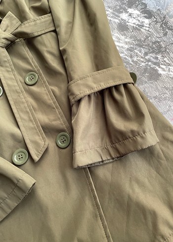 Düğmeli Midi Askeri Yeşil Keten Trençkot - Görsel 3