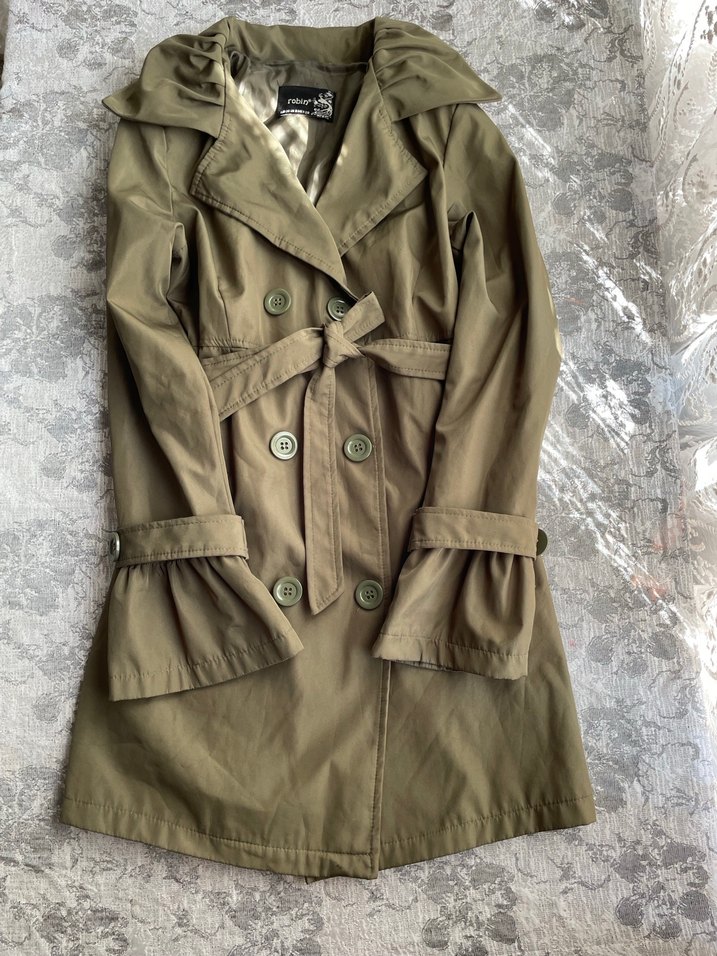 Düğmeli Midi  Askeri Yeşil Keten Trençkot - Görsel 4