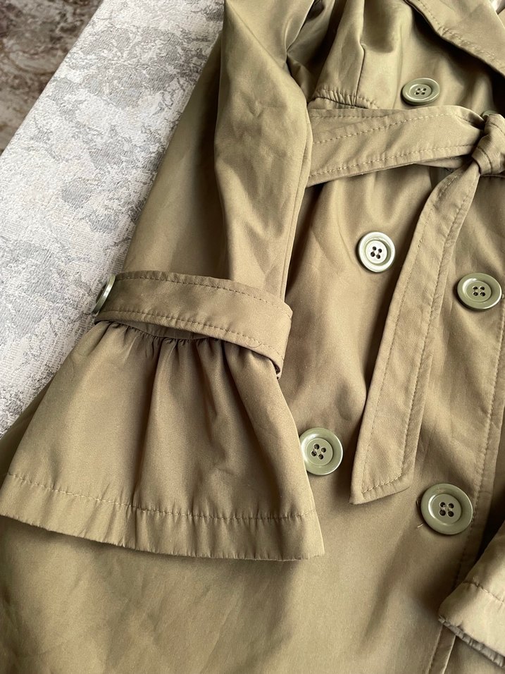 Düğmeli Midi  Askeri Yeşil Keten Trençkot - Görsel 2