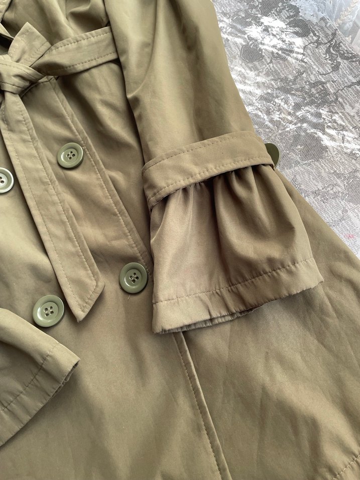Düğmeli Midi  Askeri Yeşil Keten Trençkot - Görsel 3