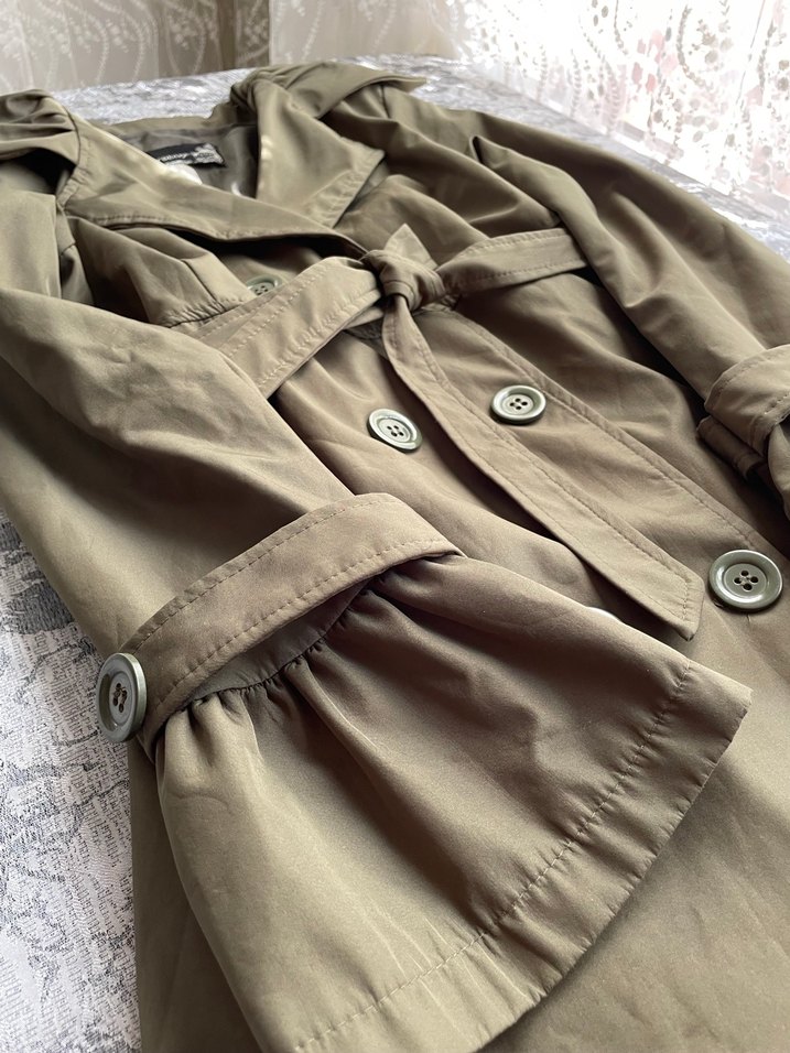 Düğmeli Midi  Askeri Yeşil Keten Trençkot - Görsel 5